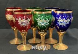 Vintage Bohemian Stemware Set Hand-Painted Floral Design with Gilded Stems