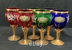 Vintage Bohemian Stemware Set Hand-Painted Floral Design with Gilded Stems