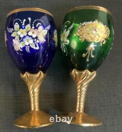 Vintage Bohemian Stemware Set Hand-Painted Floral Design with Gilded Stems