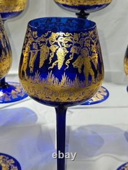Vintage Bohemian Style Gilt Cobalt Wine Glasses Featuring Hand Painted 24k Gold