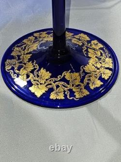 Vintage Bohemian Style Gilt Cobalt Wine Glasses Featuring Hand Painted 24k Gold