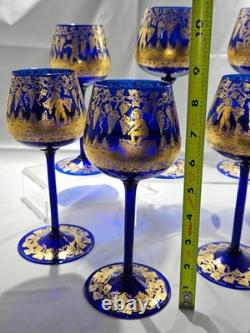 Vintage Bohemian Style Gilt Cobalt Wine Glasses Featuring Hand Painted 24k Gold