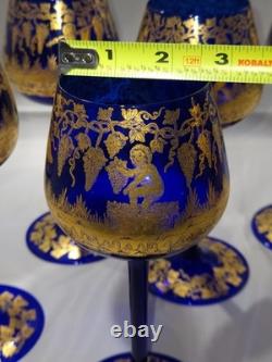 Vintage Bohemian Style Gilt Cobalt Wine Glasses Featuring Hand Painted 24k Gold