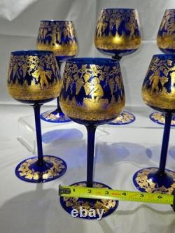 Vintage Bohemian Style Gilt Cobalt Wine Glasses Featuring Hand Painted 24k Gold