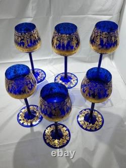 Vintage Bohemian Style Gilt Cobalt Wine Glasses Featuring Hand Painted 24k Gold