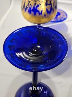 Vintage Bohemian Style Gilt Cobalt Wine Glasses Featuring Hand Painted 24k Gold