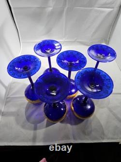 Vintage Bohemian Style Gilt Cobalt Wine Glasses Featuring Hand Painted 24k Gold