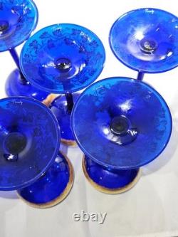 Vintage Bohemian Style Gilt Cobalt Wine Glasses Featuring Hand Painted 24k Gold