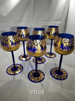 Vintage Bohemian Style Gilt Cobalt Wine Glasses Featuring Hand Painted 24k Gold