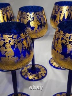 Vintage Bohemian Style Gilt Cobalt Wine Glasses Featuring Hand Painted 24k Gold