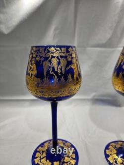 Vintage Bohemian Style Gilt Cobalt Wine Glasses Featuring Hand Painted 24k Gold