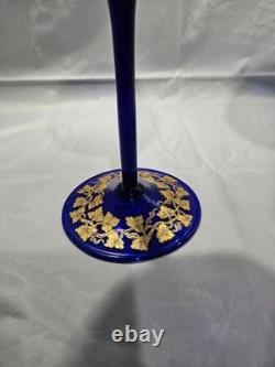 Vintage Bohemian Style Gilt Cobalt Wine Glasses Featuring Hand Painted 24k Gold