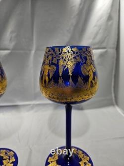 Vintage Bohemian Style Gilt Cobalt Wine Glasses Featuring Hand Painted 24k Gold