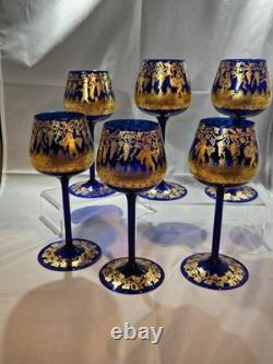 Vintage Bohemian Style Gilt Cobalt Wine Glasses Featuring Hand Painted 24k Gold