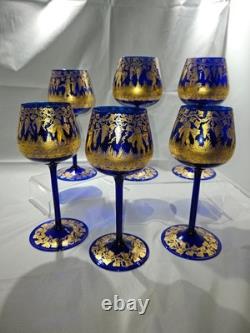 Vintage Bohemian Style Gilt Cobalt Wine Glasses Featuring Hand Painted 24k Gold