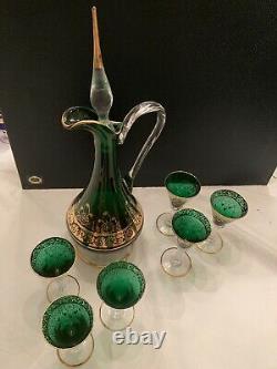 Vintage Bohemian/Victorian Glass Wine Decanter & 6 Glasses (7 Piece Set)