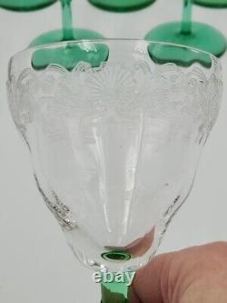 Vintage Bryce 325 Optic Etched Uranium Green Stem Wine Glasses Lot Of 6 Mint