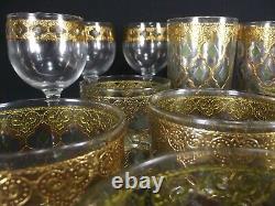 Vintage CULVER VALENCIA Gold Green Diamond high low ball wine glasses 17 PIECE