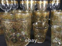Vintage CULVER VALENCIA Gold Green Diamond high low ball wine glasses 17 PIECE