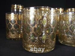 Vintage CULVER VALENCIA Gold Green Diamond high low ball wine glasses 17 PIECE