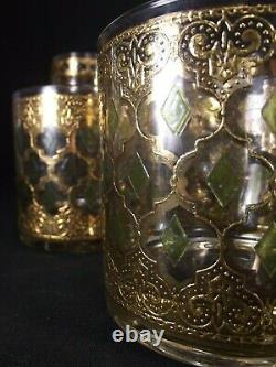 Vintage CULVER VALENCIA Gold Green Diamond high low ball wine glasses 17 PIECE