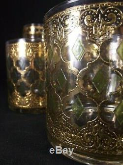 Vintage CULVER VALENCIA Gold Green Diamond high low ball wine glasses 17 PIECE