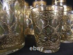 Vintage CULVER VALENCIA Gold Green Diamond high low ball wine glasses 17 PIECE