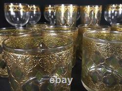 Vintage CULVER VALENCIA Gold Green Diamond high low ball wine glasses 17 PIECE