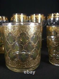 Vintage CULVER VALENCIA Gold Green Diamond high low ball wine glasses 17 PIECE