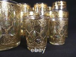 Vintage CULVER VALENCIA Gold Green Diamond high low ball wine glasses 17 PIECE