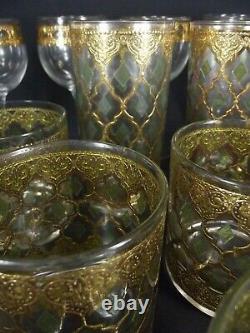 Vintage CULVER VALENCIA Gold Green Diamond high low ball wine glasses 17 PIECE