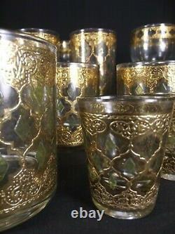 Vintage CULVER VALENCIA Gold Green Diamond high low ball wine glasses 17 PIECE