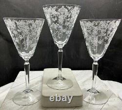 Vintage Cambridge Glass Rose Point Water Goblet/Wine Stem # 3106-Rare-Set of 3