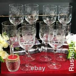 Vintage Clear Crystal Wine / Water glasses with Etched Roses and Leaves Set 10