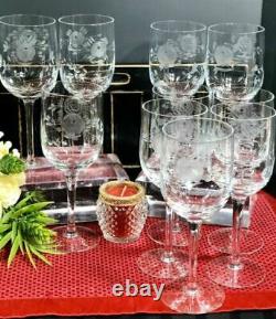 Vintage Clear Crystal Wine / Water glasses with Etched Roses and Leaves Set 10