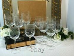 Vintage Clear Crystal Wine / Water glasses with Etched Roses and Leaves Set 10