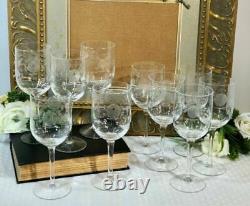 Vintage Clear Crystal Wine / Water glasses with Etched Roses and Leaves Set 10