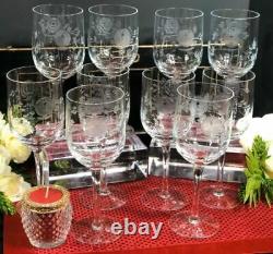 Vintage Clear Crystal Wine / Water glasses with Etched Roses and Leaves Set 10