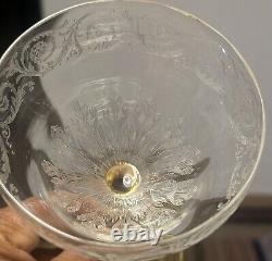 Vintage Clear Etched Crystal Bowls with Amber Stem Champagne Glasses Set Of 5