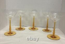 Vintage Clear Etched Crystal Bowls with Amber Stem Champagne Glasses Set Of 5