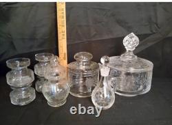Vintage Clear Etched Floral Glassware Set Goblet Coupe Pitcher Mug Decanter