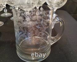 Vintage Clear Etched Floral Glassware Set Goblet Coupe Pitcher Mug Decanter