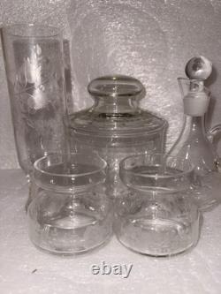 Vintage Clear Etched Floral Glassware Set Goblet Coupe Pitcher Mug Decanter