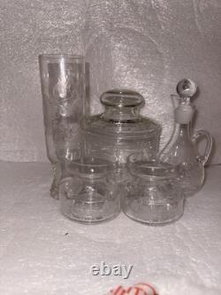 Vintage Clear Etched Floral Glassware Set Goblet Coupe Pitcher Mug Decanter