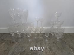 Vintage Clear Glass Wine Glass Stemware, Etched Floral Pattern, Set Of 29