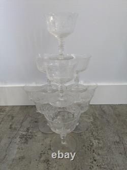 Vintage Clear Glass Wine Glass Stemware, Etched Floral Pattern, Set Of 29