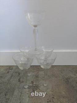 Vintage Clear Glass Wine Glass Stemware, Etched Floral Pattern, Set Of 29