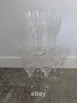 Vintage Clear Glass Wine Glass Stemware, Etched Floral Pattern, Set Of 29