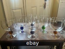 Vintage Clear Glass Wine, Goblets Featuring Colored Ball Stems Set Of 6