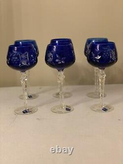 Vintage Cobalt Blue Crystal Glass Wine Water Goblets Cup Set of 6 Stems 8